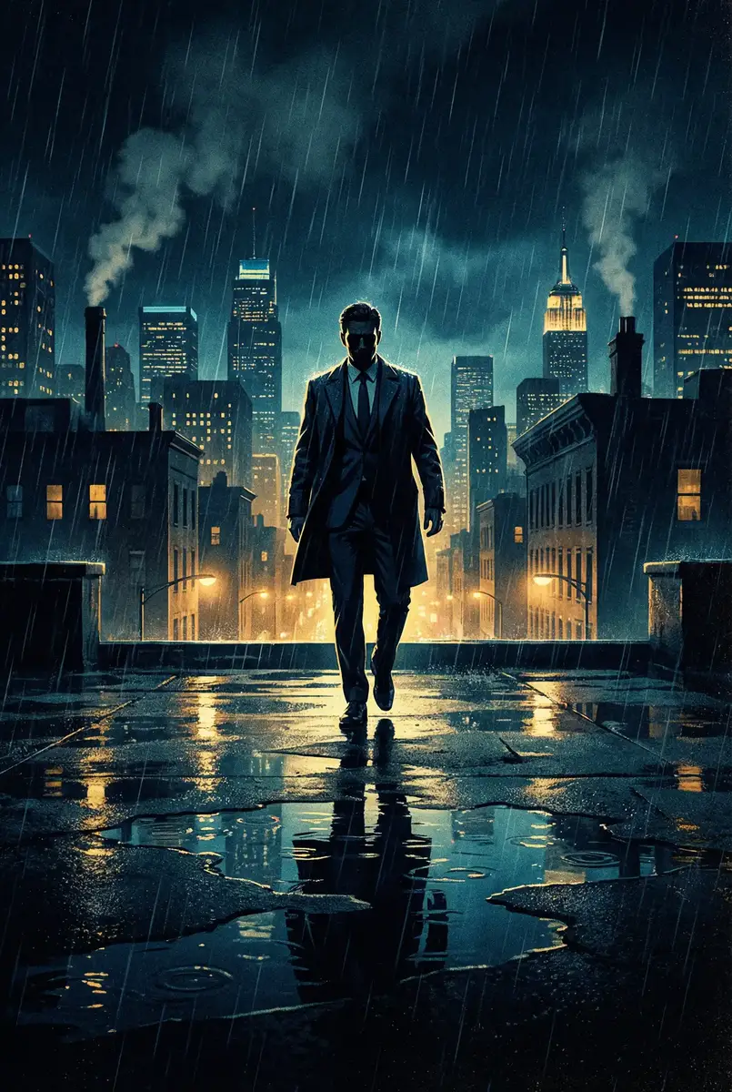 新金瓶梅龚琳娜版本 出品影片《雨夜独行者》海报，雨中城市屋顶男性剪影